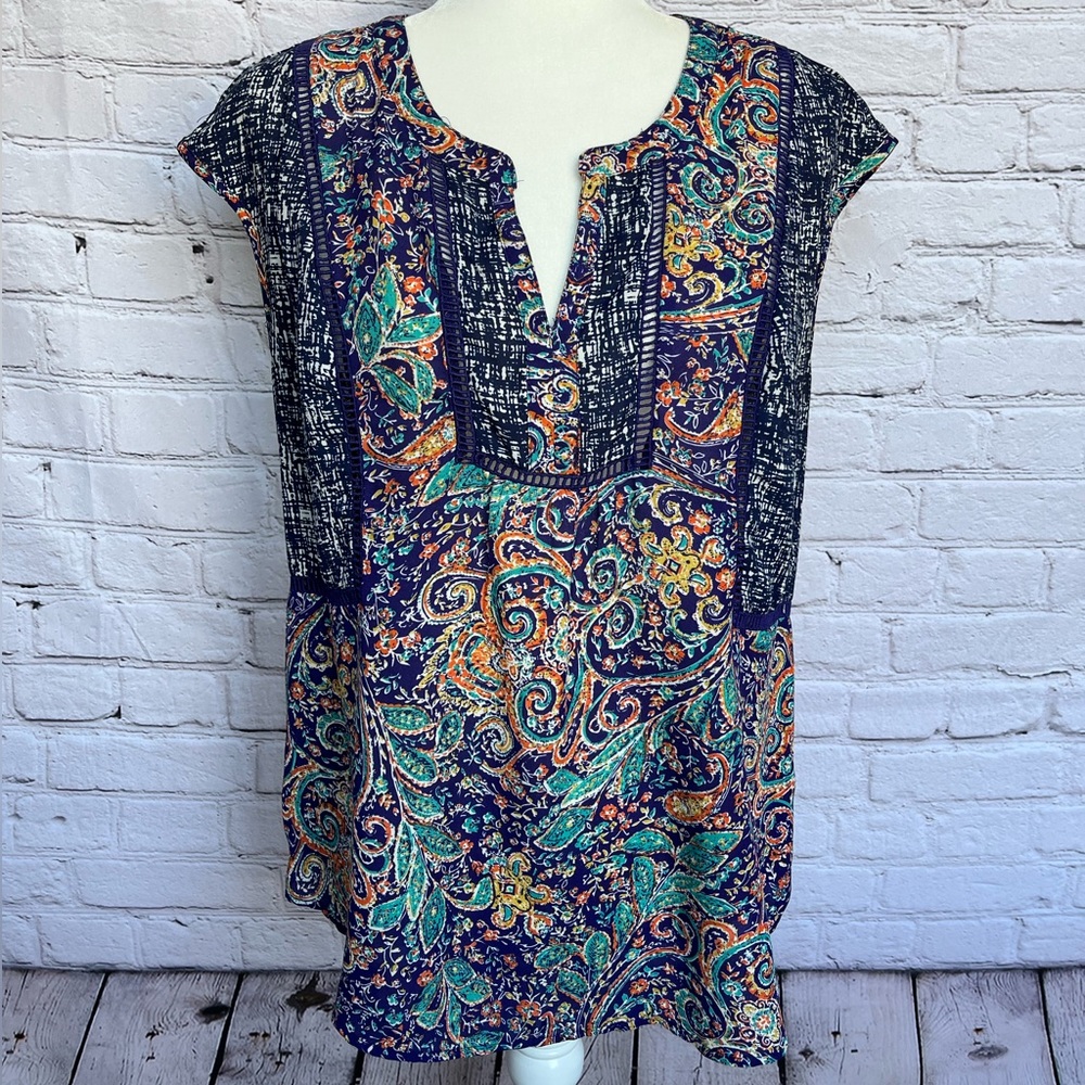 Daniel Rainn Blouse Boho Blue Green Print Estimated Size Medium